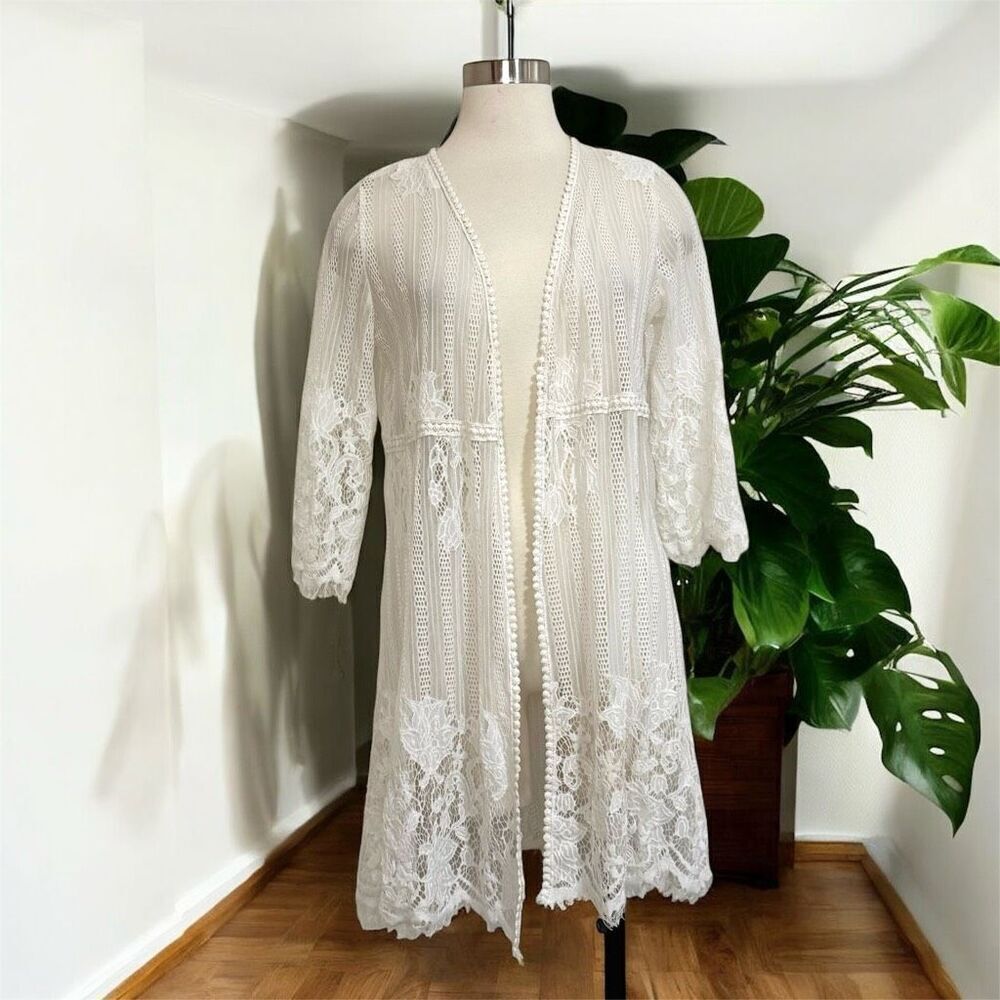 Lola Rose Cream Off White Lace Duster Kimono Cardigan Large Crinkle